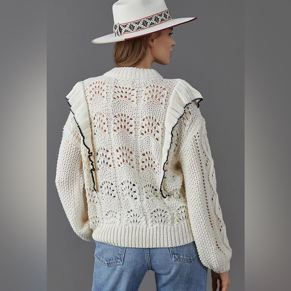 En Saison Cream Knit Sweater with‎ Ruffle Accents